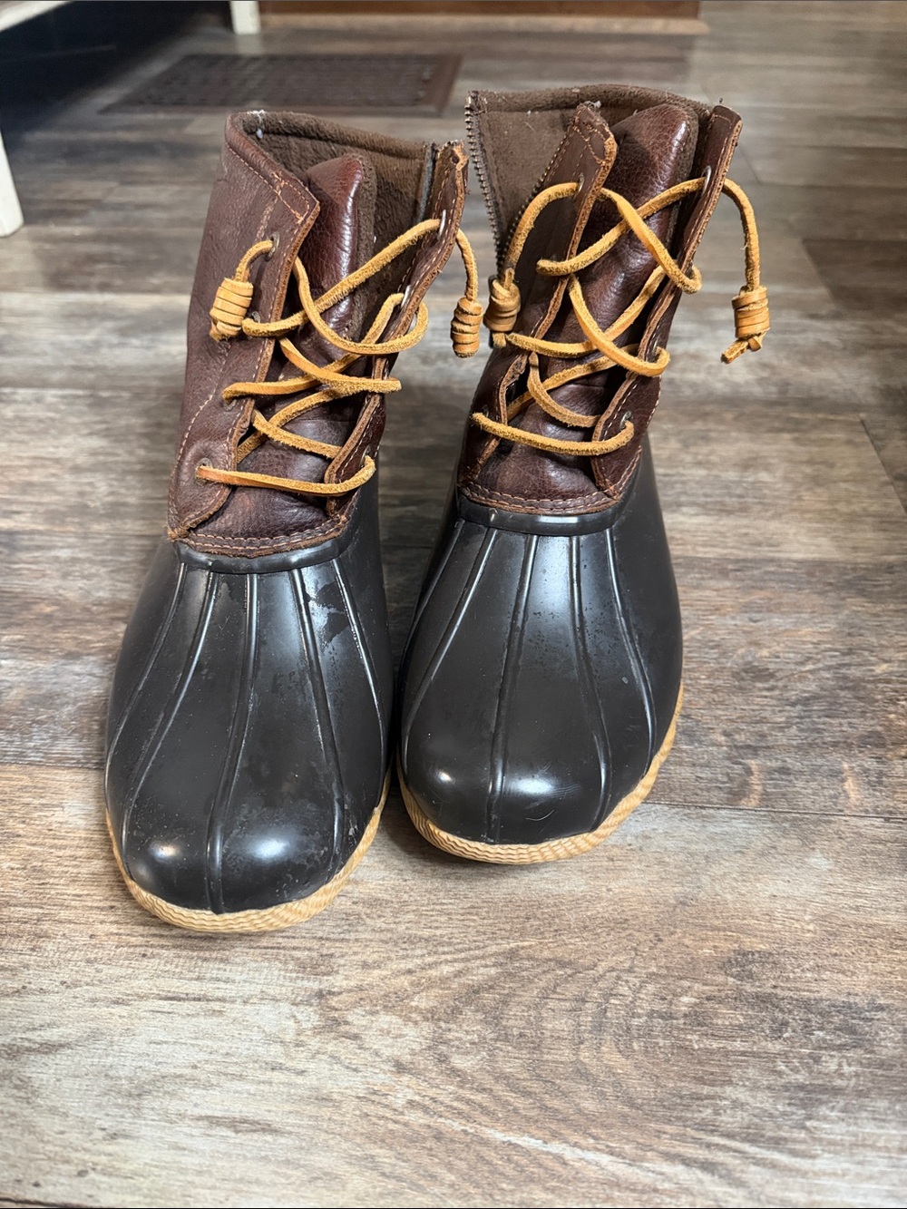Women’s Waterproof Brown and Black Lace-Up Rain Boots